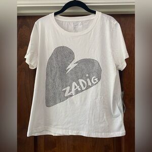 Zadig & Voltaire Women’s Ivory Big Heart with Black Rhinestones T-Shirt Sz L NWT
